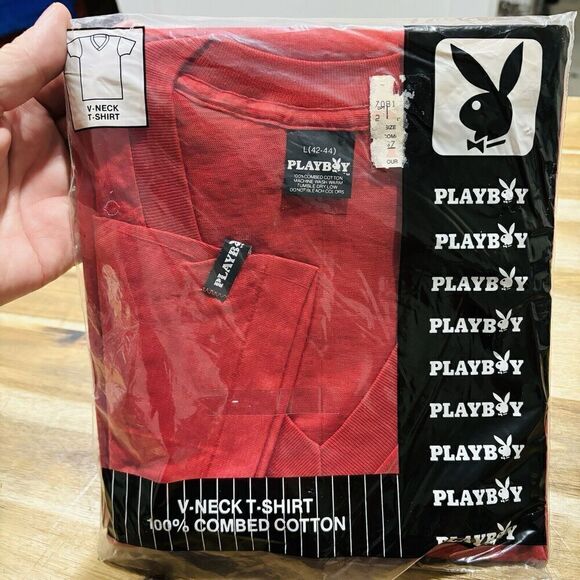 Vtg NOS NWT PLAYBOY 80s 90s V Neck Red T Shirt  Bunny Single Stitch Play Boy - Picture 1 of 6